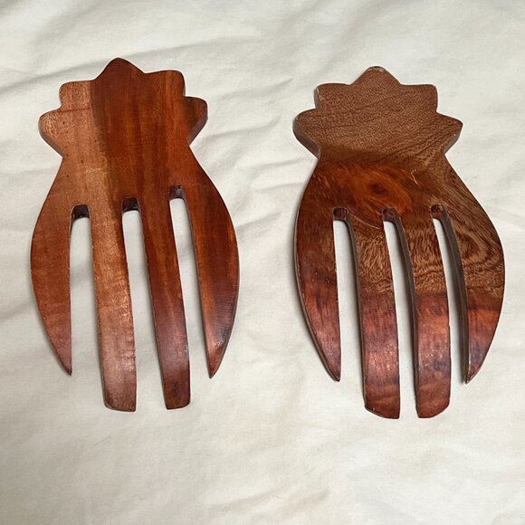 Pineapple Shaped Carved Acacia Wood Salad Forks Servers - Picture 3 of 9